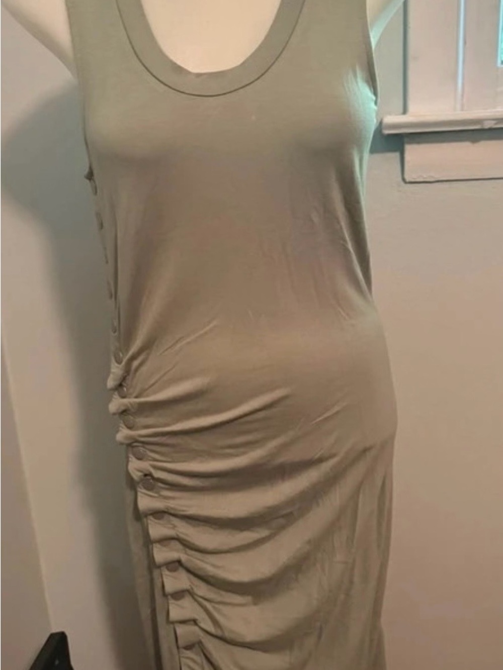 VENUS Sleeveless Ruched Side Button Maxi Dress in Beige